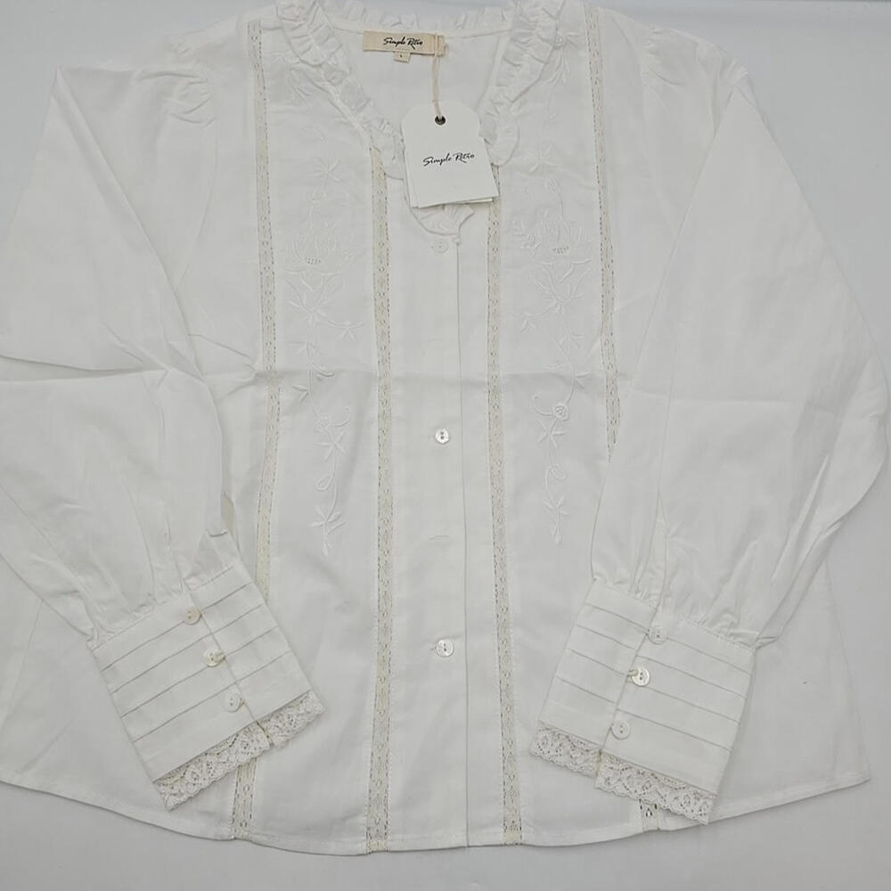 Simple Retro Faith‎ Lace Patchwork Embroidered Off White L Cottagecore Blouse - Picture 6 of 10